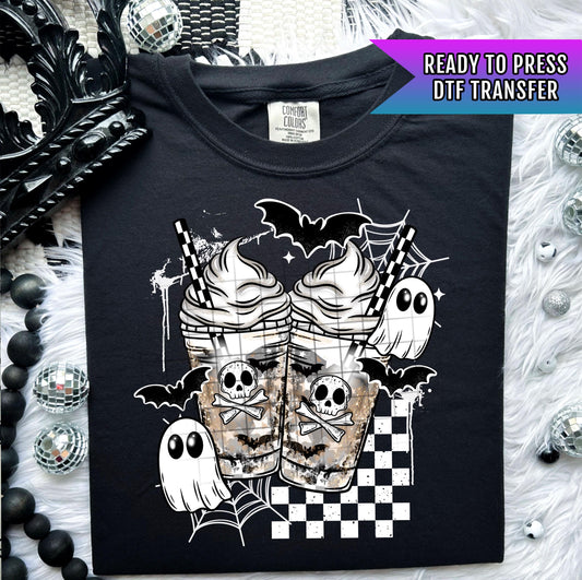 Halloween Drink DTF Transfer, Halloween DTF Transfer Ready For Press, Spooky Coffee Ghost Skull Dtf Print Heat Press Transfer Direct To Film