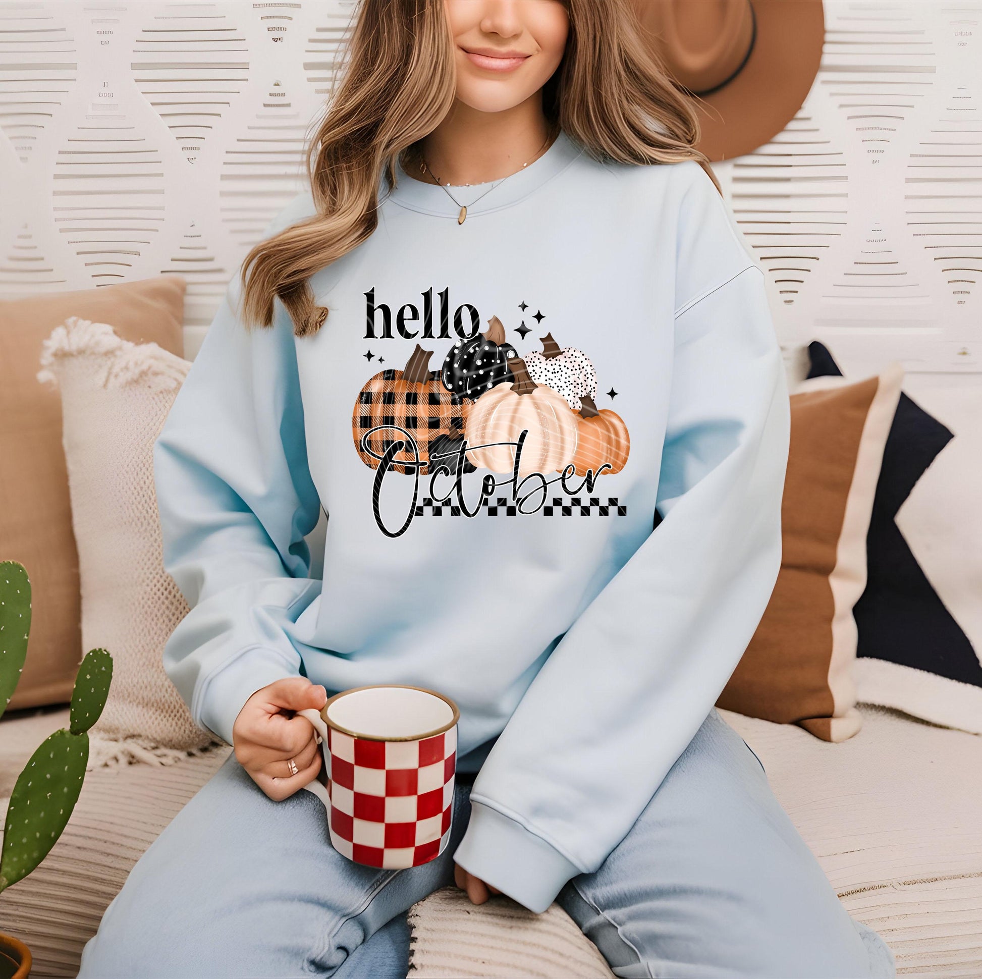 Hello October DTF Transfer Ready For Press, Fall Pumpkin Plaid DTF Print, Autumn Vibes Cozy Dtf Prints, Heat Press Transfer, Custom Transfer