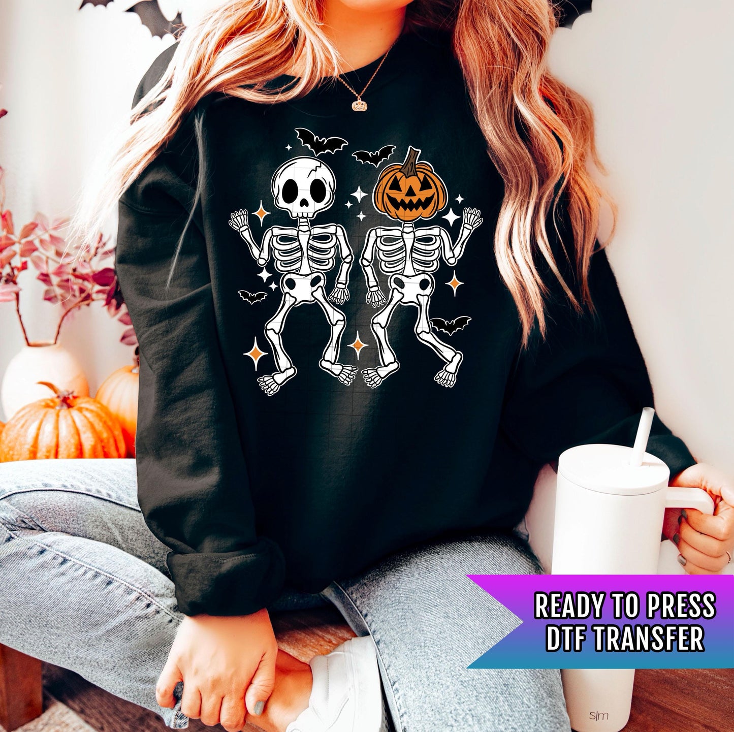 Dancing Skeletons DTF Transfer Ready For Press, Halloween DTF Print, Heat Press Transfer, Direct To Film, Custom Transfer Pumpkin Season Dtf