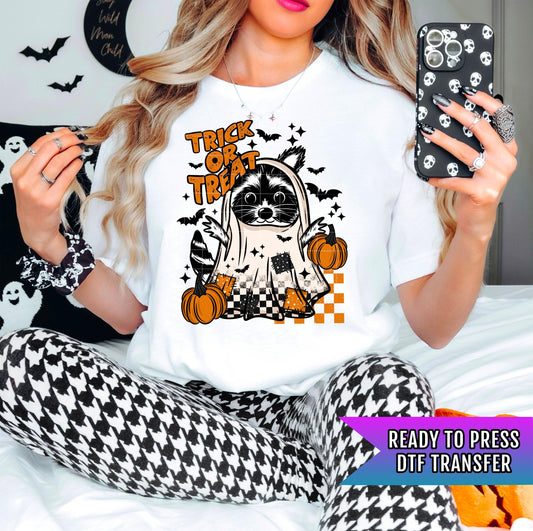 Trick or Treat DTF Transfer, Halloween Raccoon DTF Transfer Ready For Press Spooky Season Heat Press Transfer Direct To Film Custom Transfer