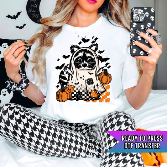 Ghost Racoon DTF Transfer, Spooky Season DTF Transfer Ready For Press, Halloween Pumpkin, Heat Press Transfer Direct To Film Custom Transfer