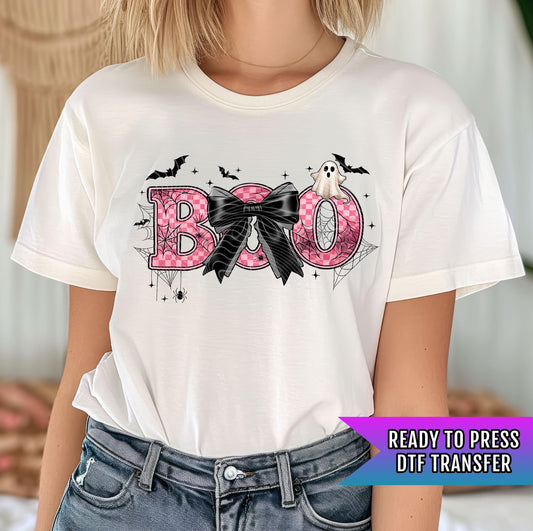 Boo DTF Transfer, Spooky Season DTF Transfer Ready For Press, Pink Halloween Coquette Bow Heat Press Transfer Direct To Film Custom Transfer
