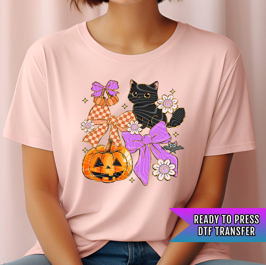Coquette Black Cat DTF Transfer, Halloween DTF Transfers Ready For Press, Pumpkin Dtf, Bats DTF Prints, Pumpkin Dtf Transfer, Spooky Season