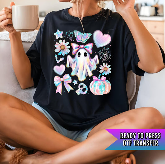 Iridescent Ghost Coquette DTF Transfer, Halloween DTF Transfers Ready For Press, Pumpkin Dtf, Bats DTF Prints, Pumpkin Dtf Transfer, Spooky