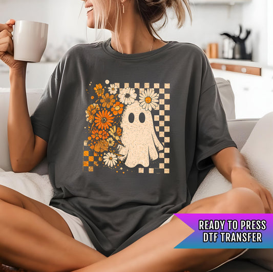 Checkered Ghost DTF Transfers, Fall DTF Transfers Ready For Press, Pumpkin DTF Prints, Halloween Heat Press Transfers, Ghost Ready To Press
