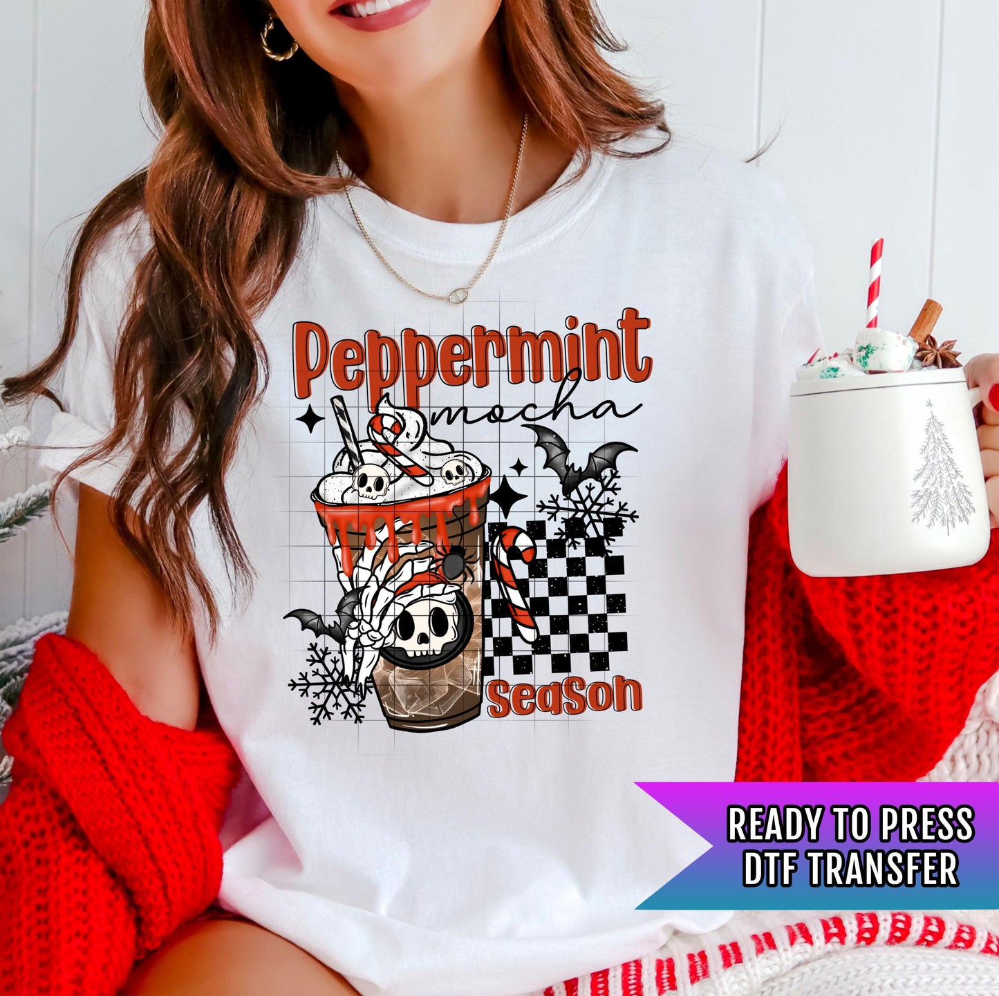 Peppermint Mocha Skellie DTF Transfers Ready For Press, Christmas DTF Prints, Heat Press Transfer, Direct To Film, Winter DTF Transfers