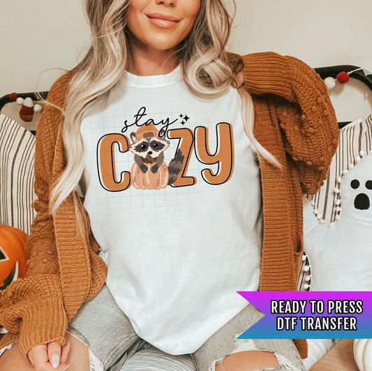 Stay Cozy Racoon DTF Transfer Ready For Press, Fall DTF Transfer, Autumn DTF Transfer, Pumpkin Heat Press Transfer, Pumpkin Dtf Transfers