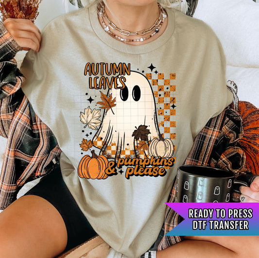 Autumn Leaves DTF Transfers, Fall DTF Transfers Ready For Press, Pumpkin DTF Prints, Halloween Heat Press Transfers, Ghost Ready To Press