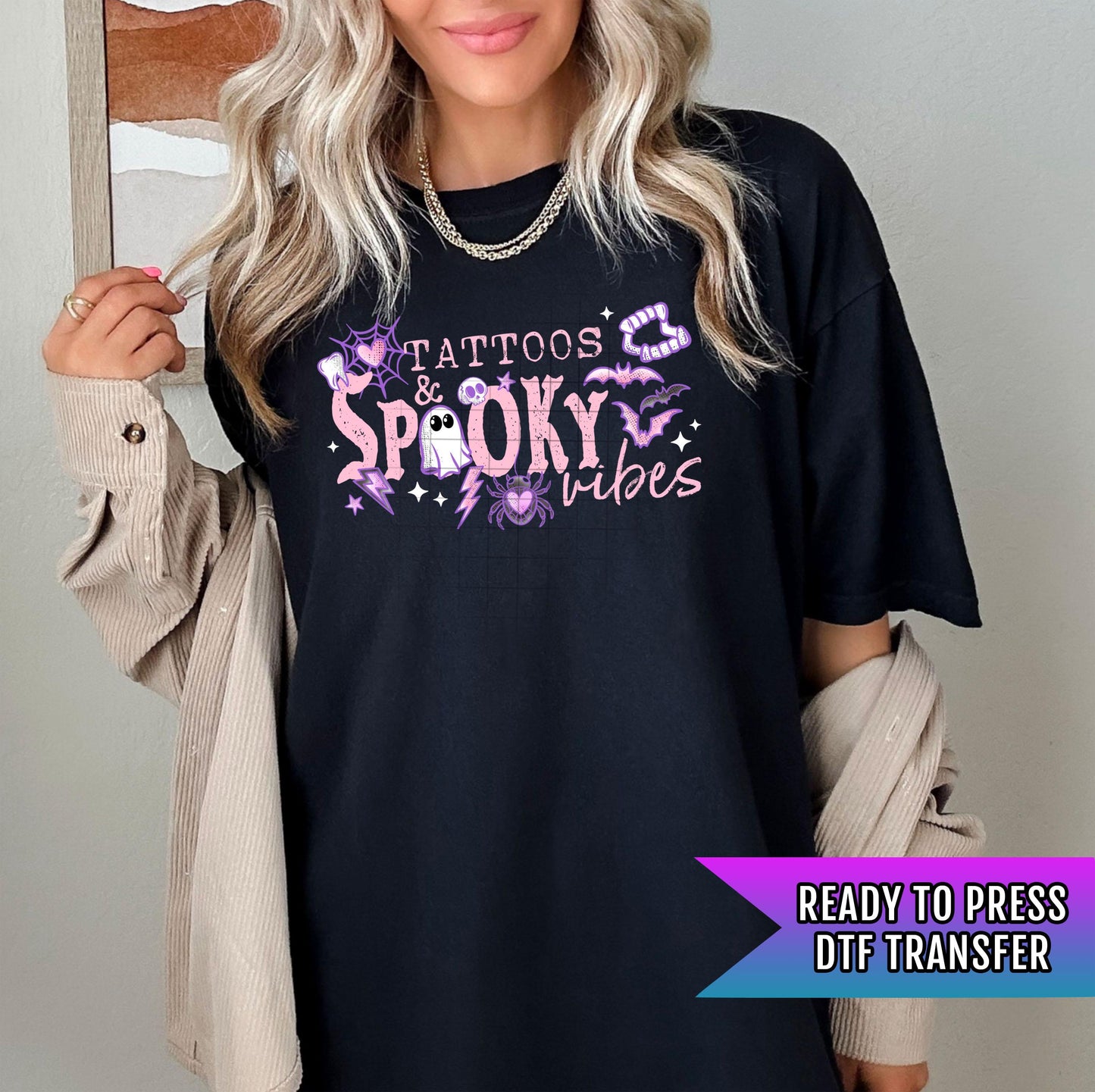 Tattoos And Spooky Vibes DTF Transfers, Halloween Dtf Prints, Halloween DTF Transfer Ready For Press, Spooky Season, Heat Press Transfers