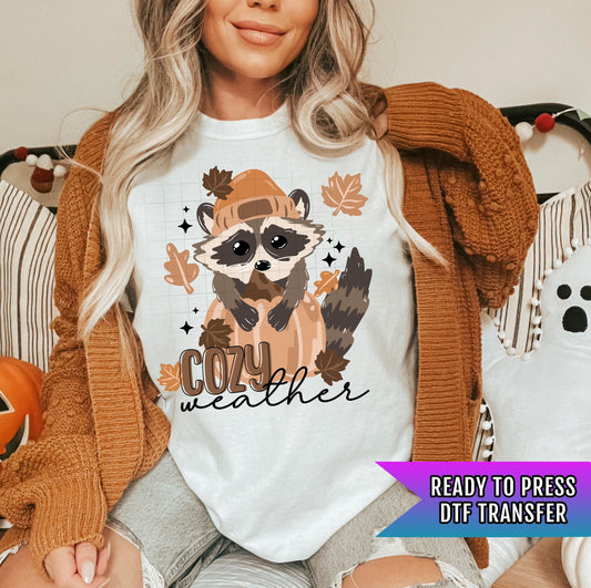 Cozy Weather Racoon DTF Transfer Ready For Press, Fall DTF Transfer, Autumn DTF Transfer, Pumpkin Heat Press Transfer, Pumpkin Dtf Transfers