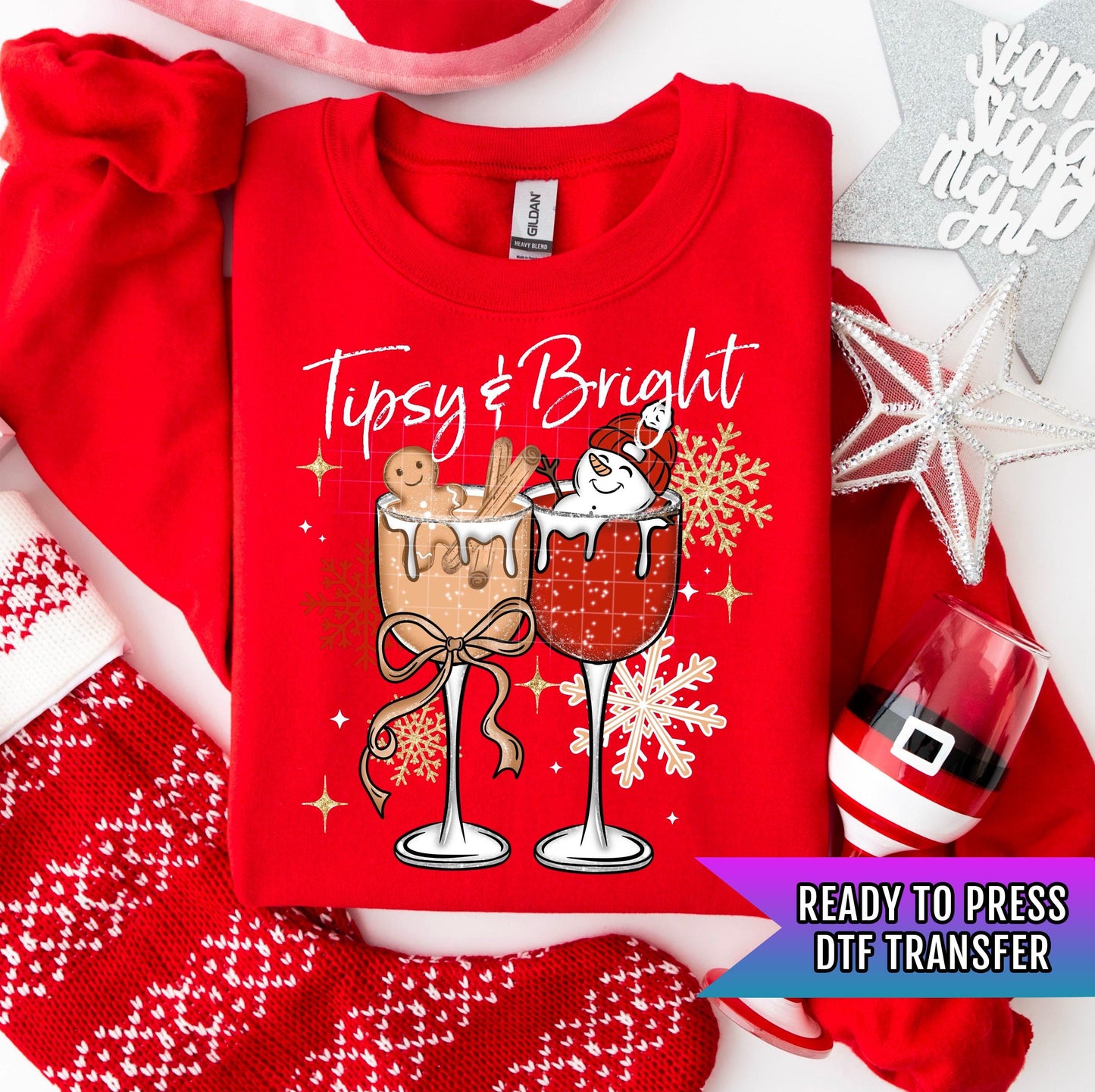Tipsy And Bright Wine DTF Transfers Ready For Press, Christmas DTF Prints, Heat Press Transfer, Direct To Film, Winter DTF Transfers