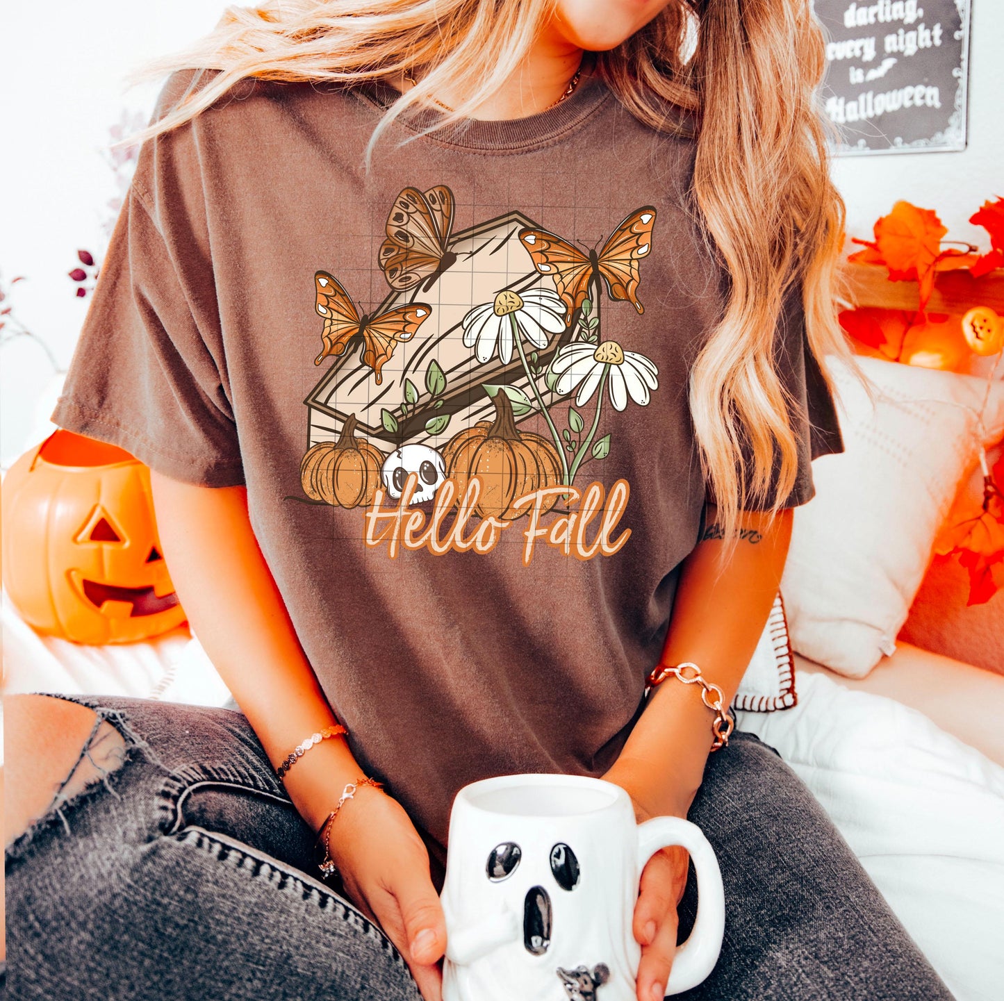 Hello Fall DTF Transfer Ready For Press, Fall DTF Transfers, Autumn DTF Transfer, Fall Leaves Dtf Transfers, Halloween Ghost Dtf, Custom Dtf