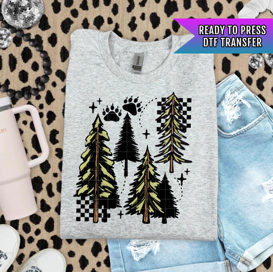 Trees Pawprint DTF Transfer Ready For Press, Camping Dtf Print, Pine Trees DTF Transfer, Heat Press Transfer Direct To Film Custom Transfer