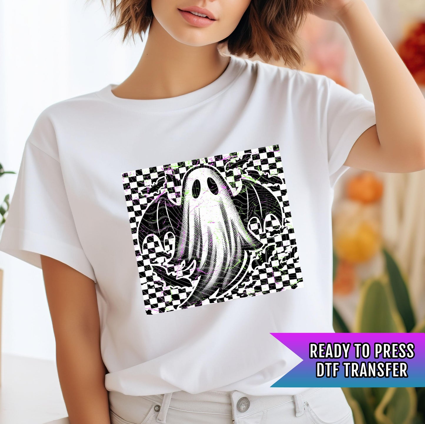 Checkered Ghost DTF Transfers, Fall DTF Transfers Ready For Press, Pumpkin DTF Prints, Halloween Heat Press Transfers, Ghost Ready To Press