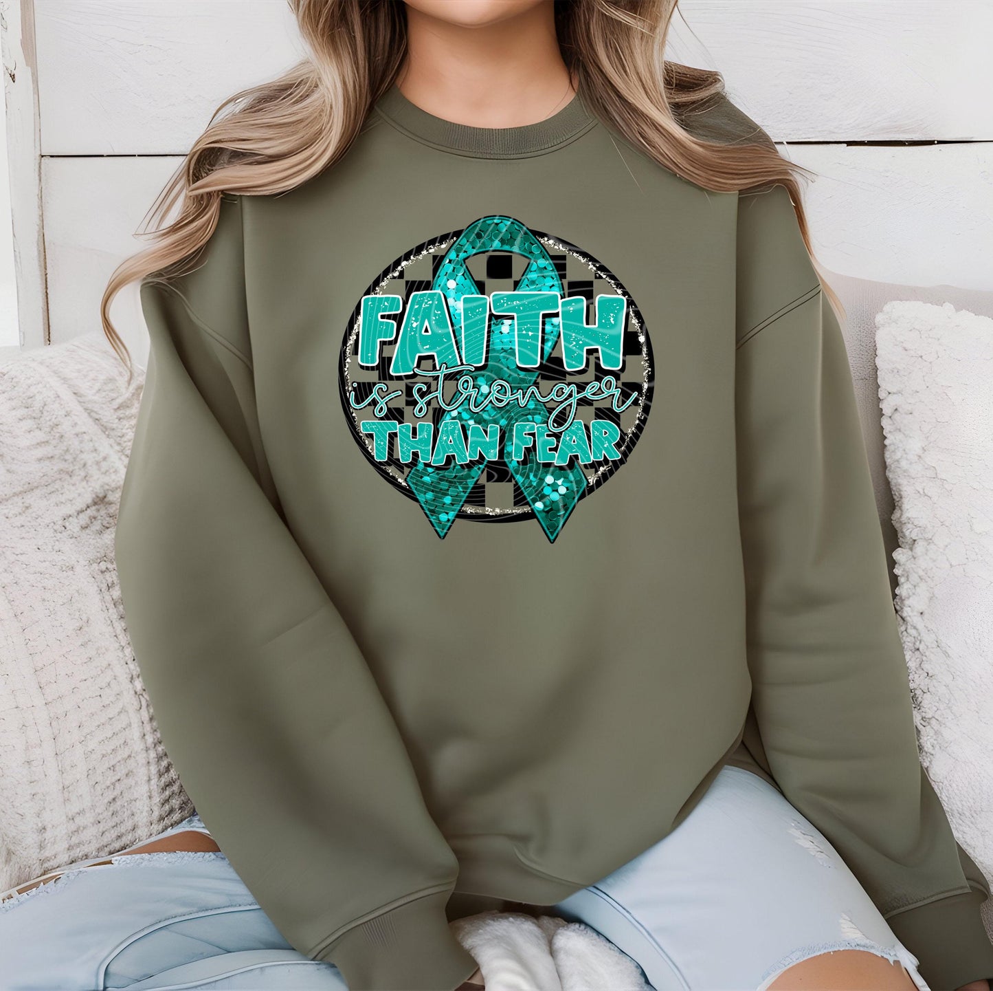 Faith Is Stronger Than Fear Teal Ribbon DTF Transfer Ready For Press, Ovarian Cancer Dtf Print, Heat Press Transfer, Cancer DTF Transfers