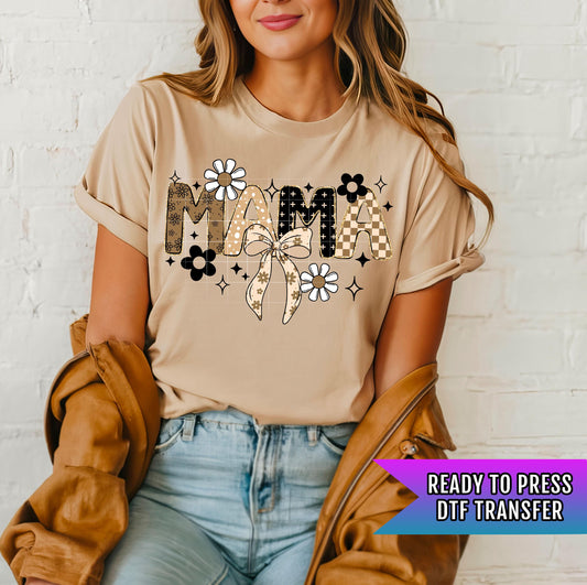 Mama Bow And Flowers DTF Transfer Ready For Press, Mother DTF Print, Heat Press Transfer, Direct To Film, Mom DTF Print, Mama Transfers