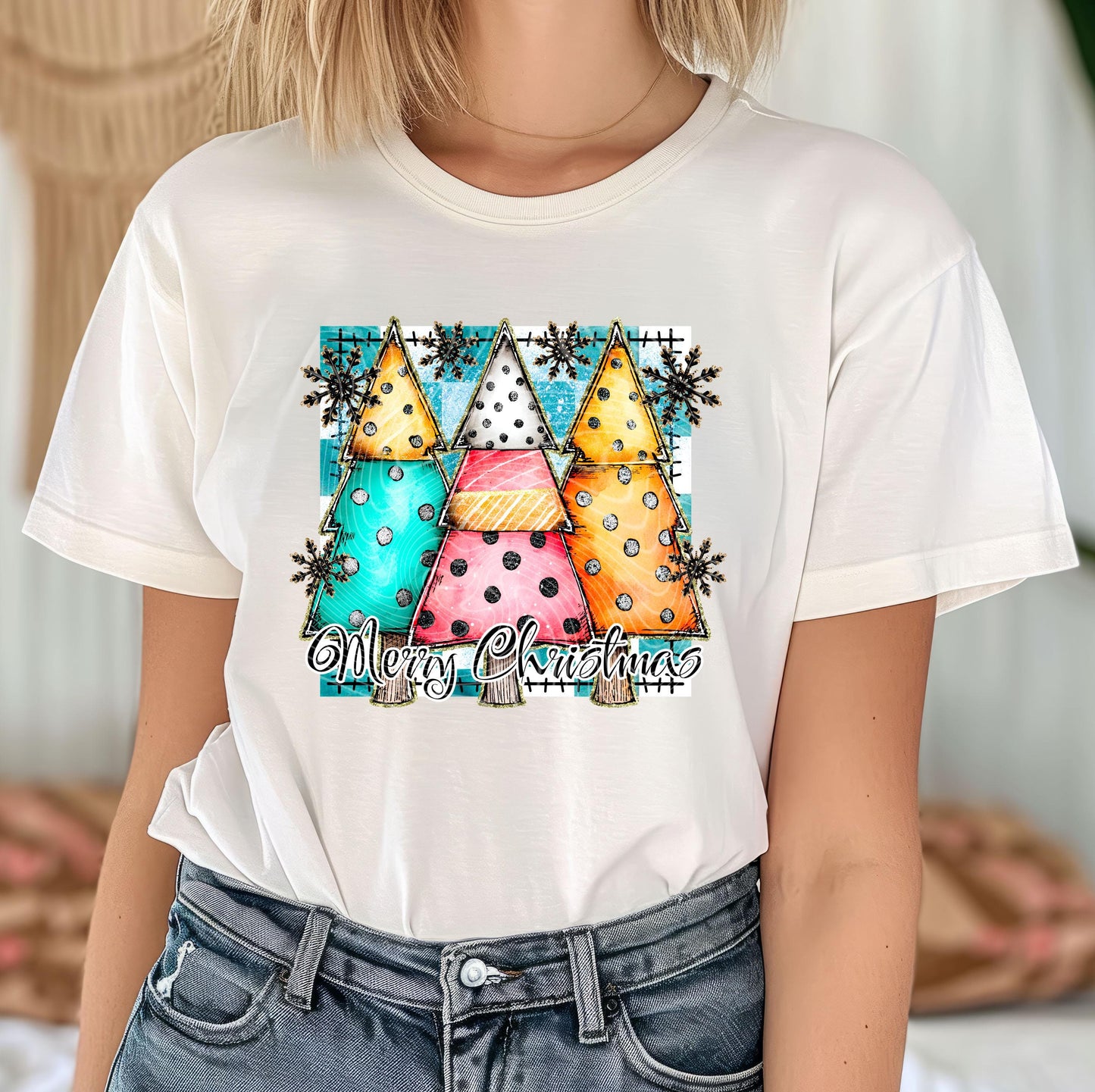 Patchwork Trees Merry Christmas DTF Transfer Ready For Press, Christmas DTF, Heat Press Transfer, Direct To Film, Christmas Transfer, Custom