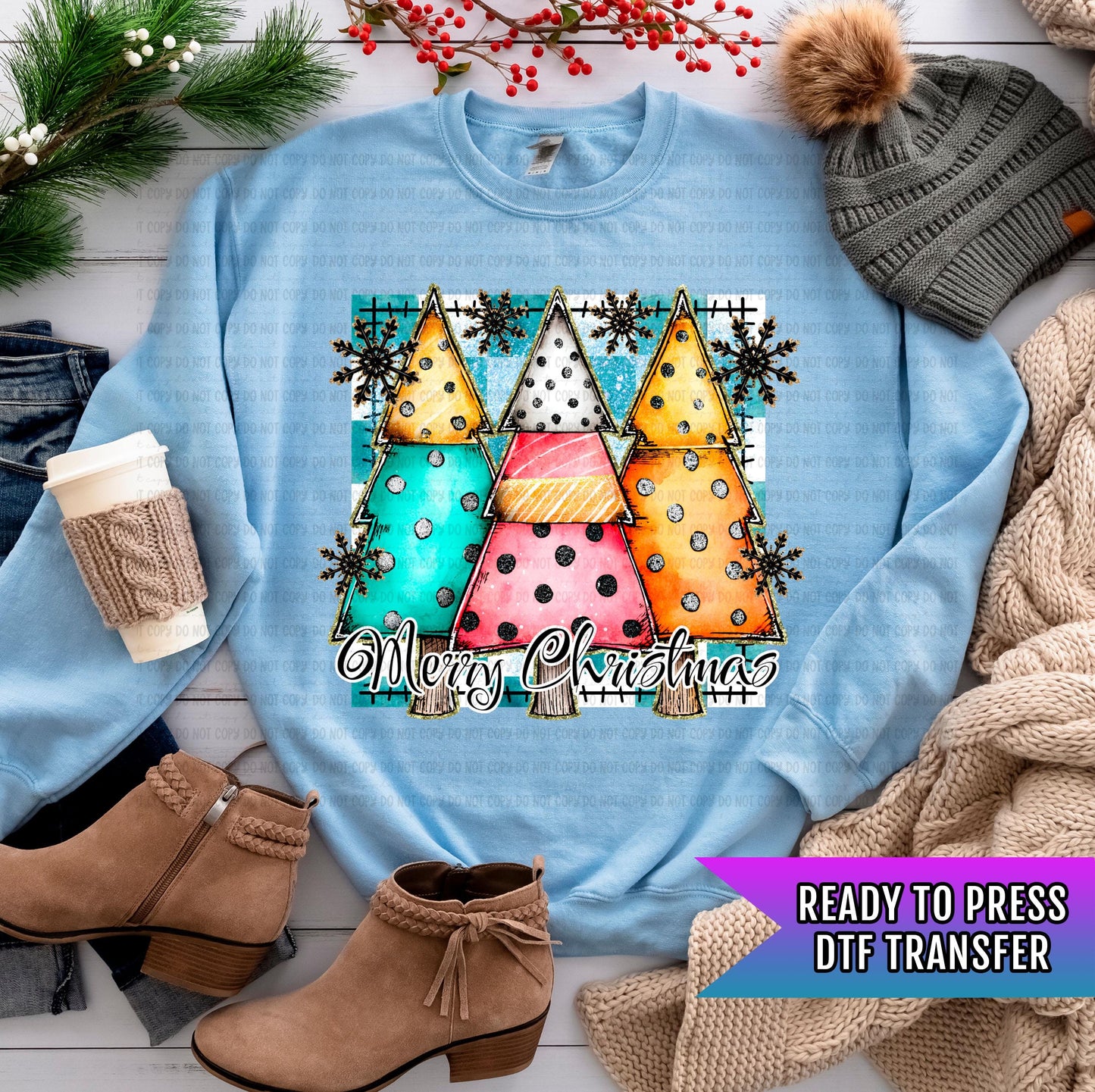 Patchwork Trees Merry Christmas DTF Transfer Ready For Press, Christmas DTF, Heat Press Transfer, Direct To Film, Christmas Transfer, Custom