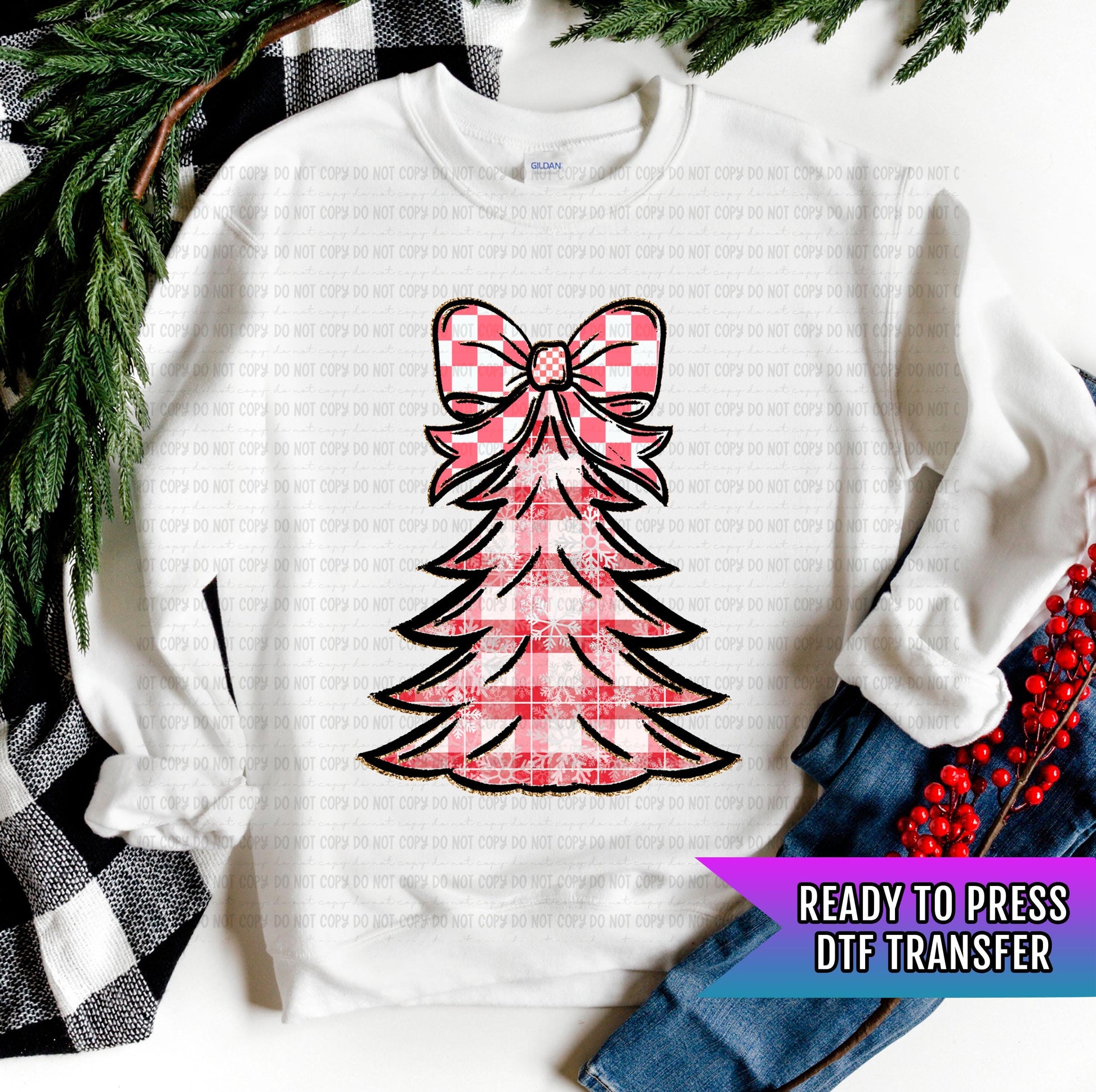 Pink Tree Bow DTF Transfers Ready For Press, Christmas DTF Prints, Heat Press Transfers, Direct To Film, Christmas Transfers, Custom Dtf