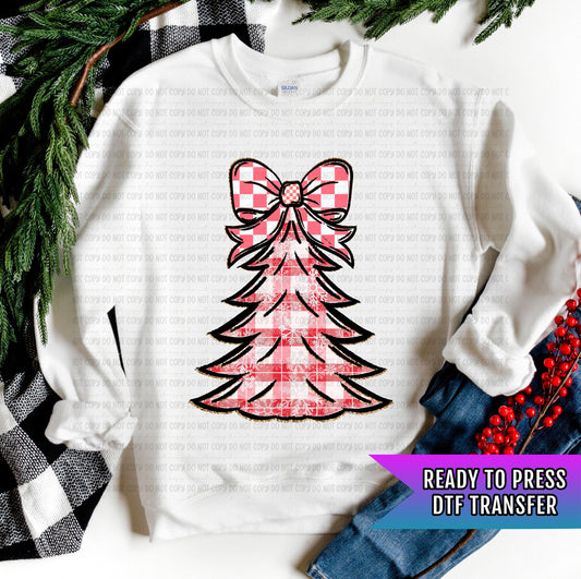 Pink Tree Bow DTF Transfers Ready For Press, Christmas DTF Prints, Heat Press Transfers, Direct To Film, Christmas Transfers, Custom Dtf