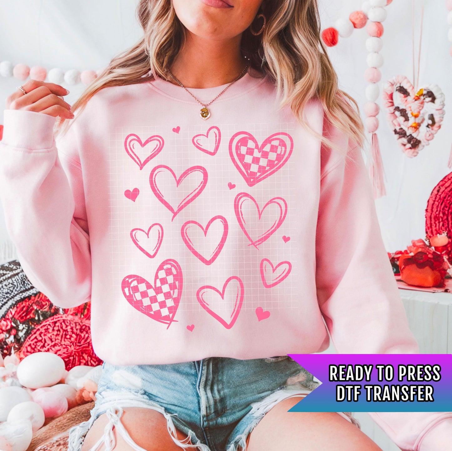Hearts Pink DTF Transfers Ready For Press, Heart Dtf, Valentines Day DTF Print, Heat Press Transfer, Direct To Film, Valentines Day Transfer
