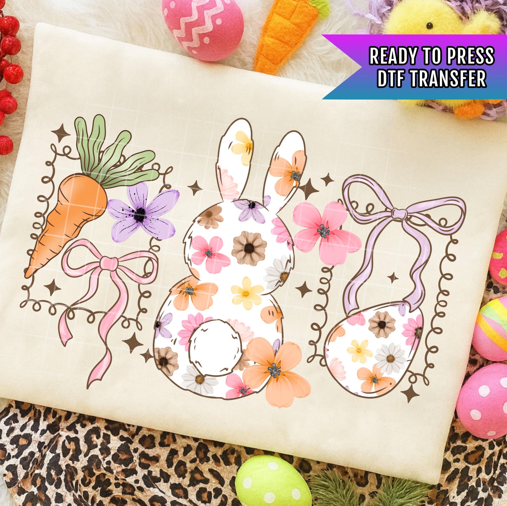 Bunny Floral Frames DTF Transfer Ready For Press, Easter Bunny Dtf Print, Direct To Film, Easter DTF Print, Easter Transfers, Heat Press Dtf