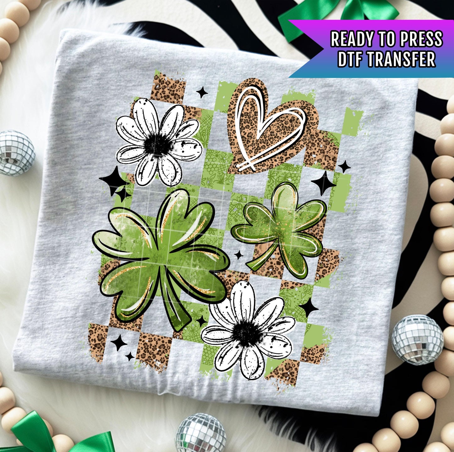 Leopard Shamrock Checker DTF Transfers, St Patrick's Day DTF Transfer Ready For Press, Lucky Dtf Print, Lucky Transfer, Shamrock Dtf Print