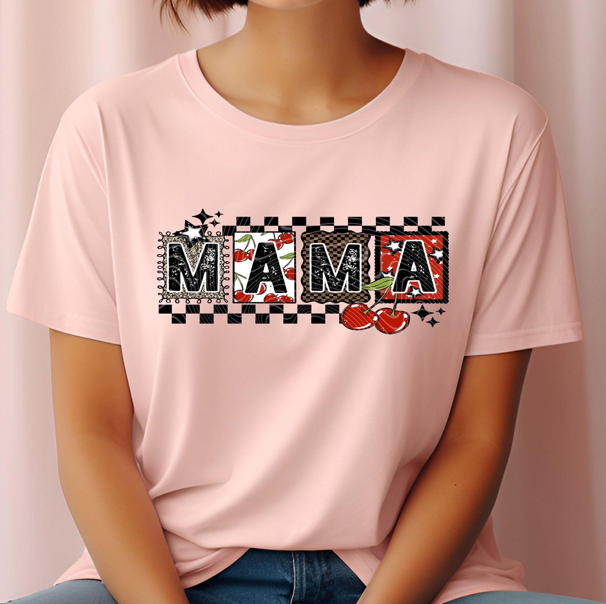 Mama Cherry Blocks DTF Transfer Ready For Press, Mama Transfer, Checkered Mom DTF Print, Heat Press Transfer, Cherry Transfer,Direct To Film