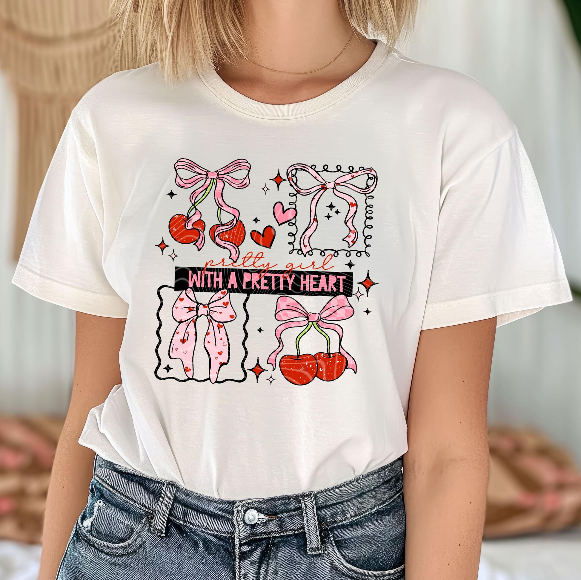 Pretty Girl With A Pretty Heart DTF Transfers Ready For Press, Valentines Day DTF Prints, Cherry Bow Transfers, Heat Press Transfers, Cherry