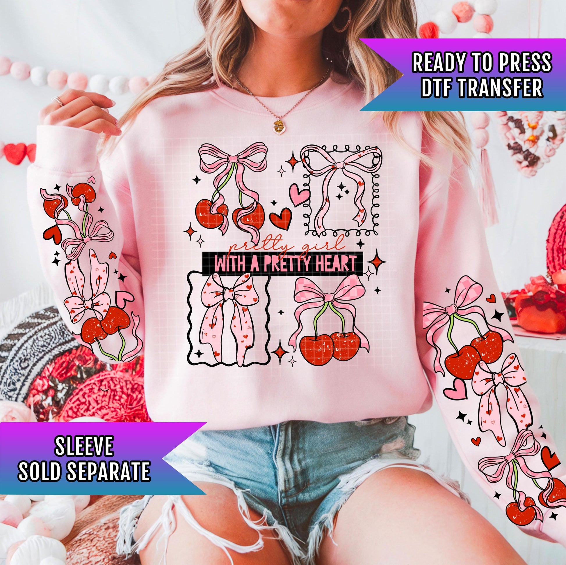 Pretty Girl With A Pretty Heart DTF Transfers Ready For Press, Valentines Day DTF Prints, Cherry Bow Transfers, Heat Press Transfers, Cherry