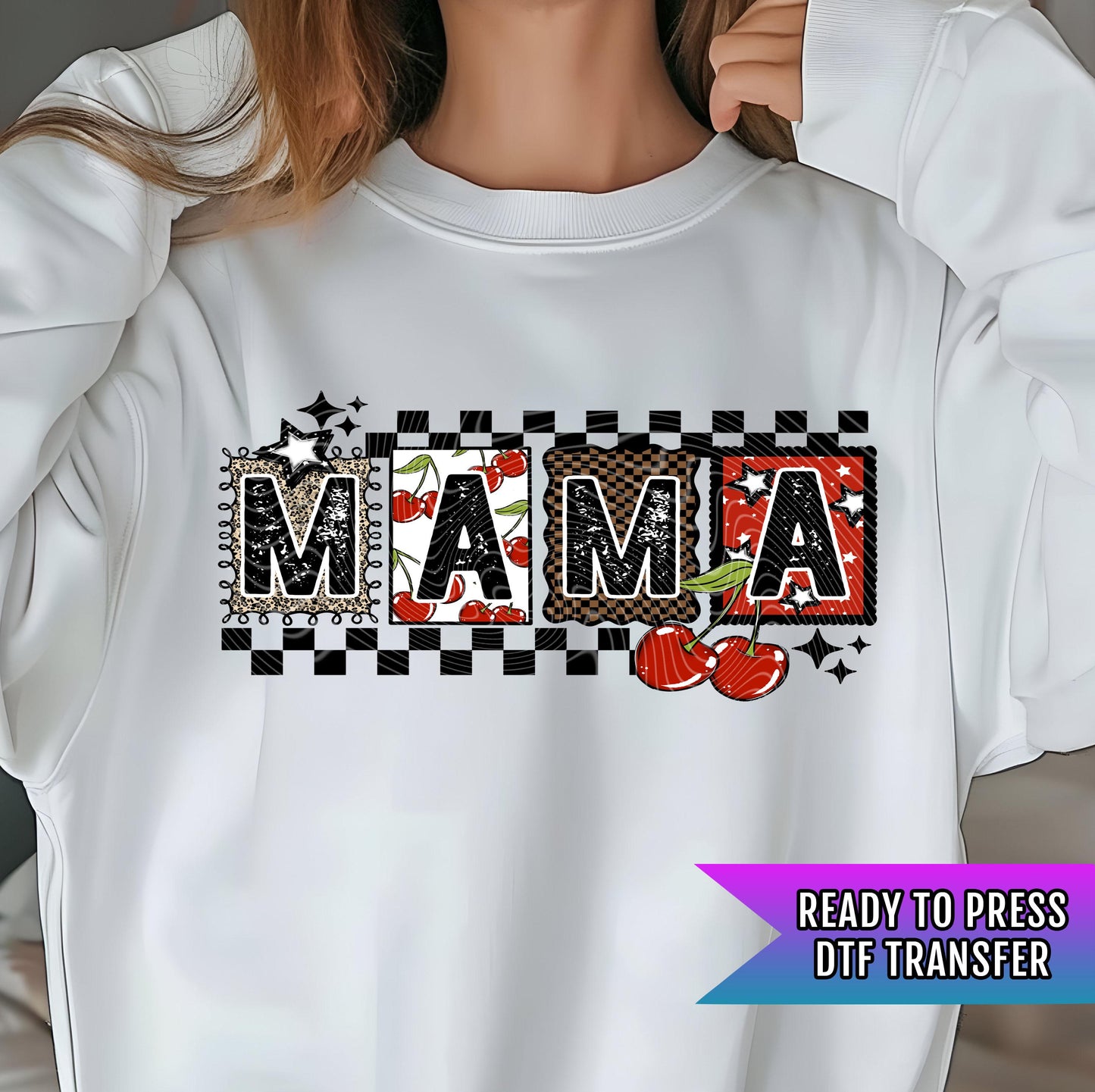 Mama Cherry Blocks DTF Transfer Ready For Press, Mama Transfer, Checkered Mom DTF Print, Heat Press Transfer, Cherry Transfer,Direct To Film