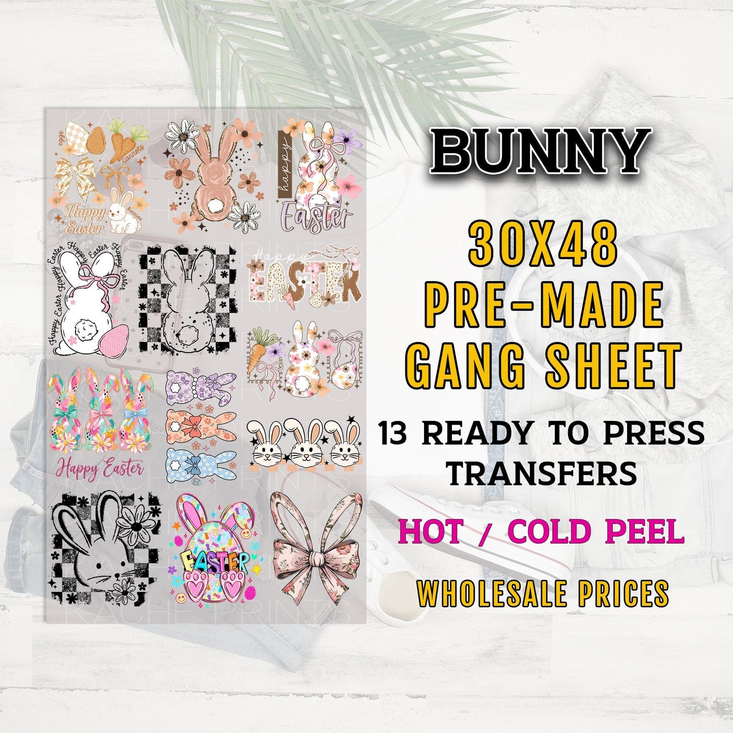 Easter DTF Gang Sheet 30x48, 13 Premade Easter Transfers, Bunny DTF Transfer Ready For Press, Easter Bunny DTF, Easter Rabbit Heat Transfer