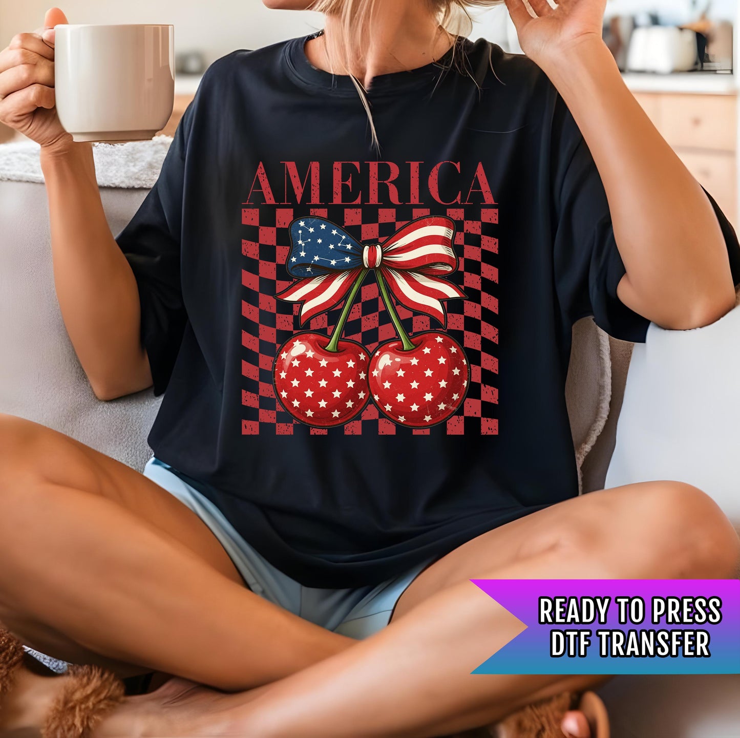 Cherry America Coquette DTF Transfers, 4th Of July DTF Transfer Ready For Press, Patriotic DTF Prints, Heat Press Transfer, Direct To Film