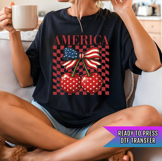 Cherry America Coquette DTF Transfers, 4th Of July DTF Transfer Ready For Press, Patriotic DTF Prints, Heat Press Transfer, Direct To Film