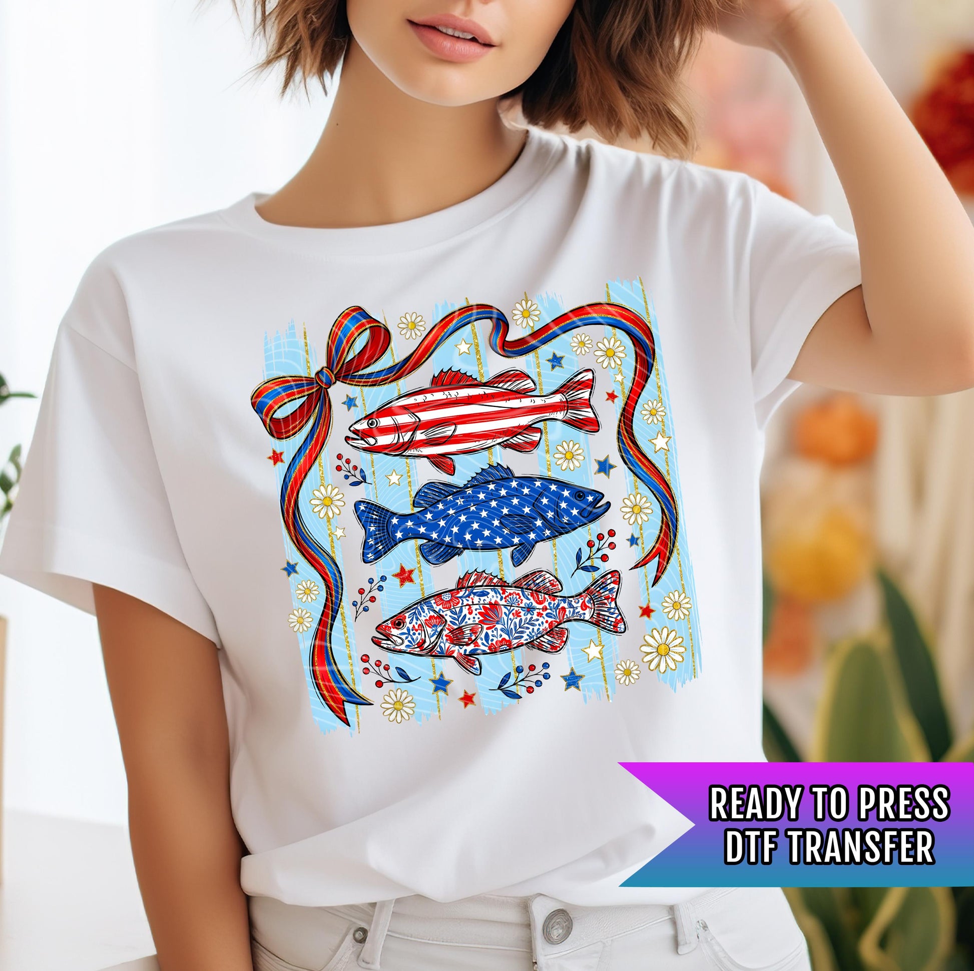 Patriotic Fish DTF Transfers, 4th Of July DTF Transfer Ready For Press, Patriotic DTF Print, America Heat Press Transfer, Patriotic Transfer