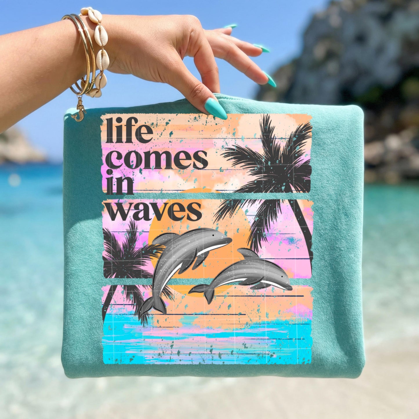 Summer DTF Transfer Ready For Press, Dolphin Transfer, Dtf Print, Summer Heat Press Transfer, Direct To Film, Life Comes In Waves Dolphin