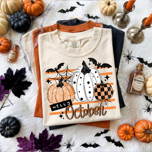 Hello October DTF Transfer Ready For Press, Fall DTF Transfer, Autumn DTF Transfer, Pumpkin Heat Press Transfer, Halloween Dtf Transfers