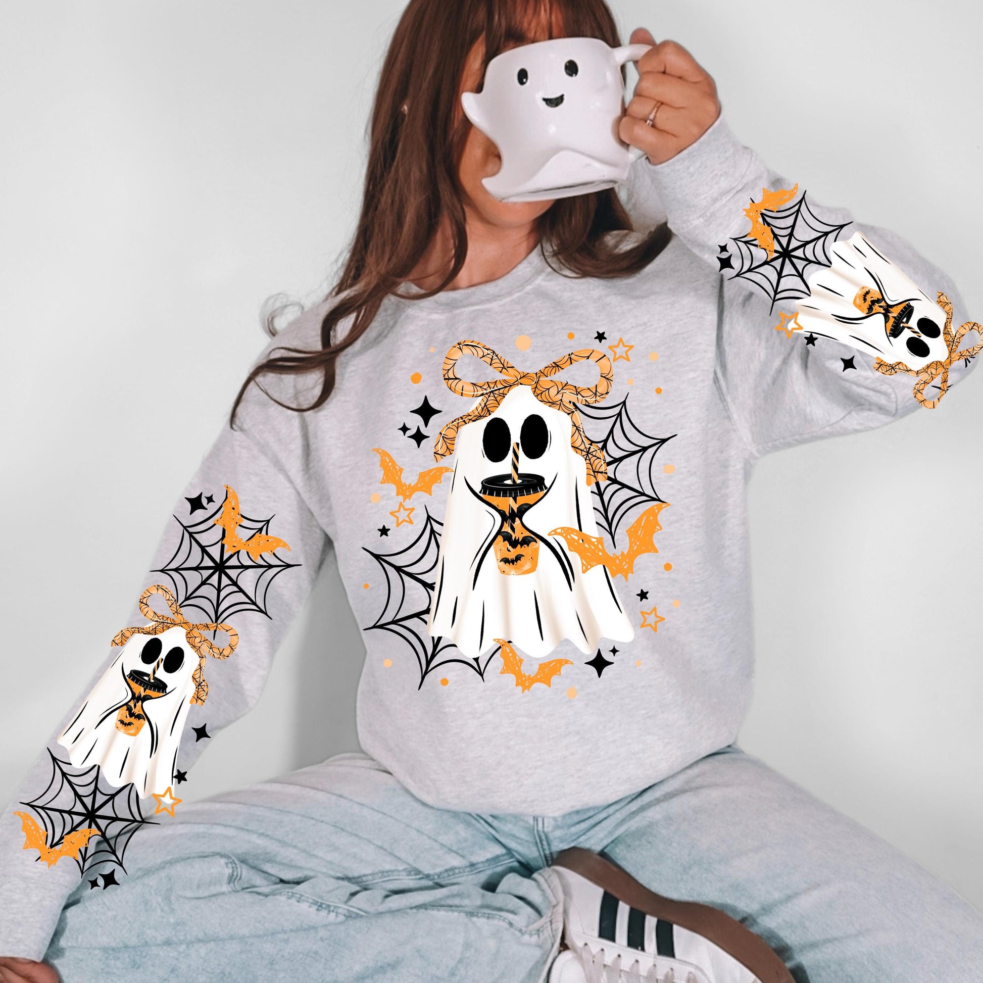 Halloween Ghost DTF Transfer, Ready To Press, Coffee Bow Sweatshirt Design, DTF Print