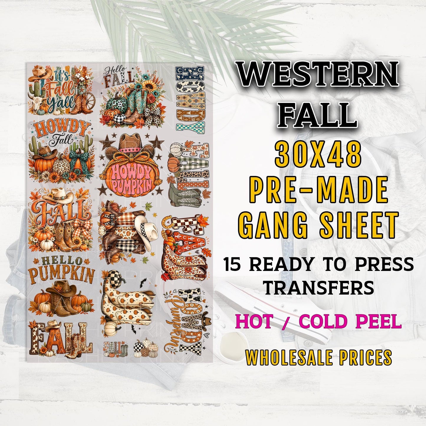 Western Fall DTF Gang Sheet, Ready to Press DTF Transfers, Cowboy Boots Pumpkin Howdy Designs, Cowgirl Transfer