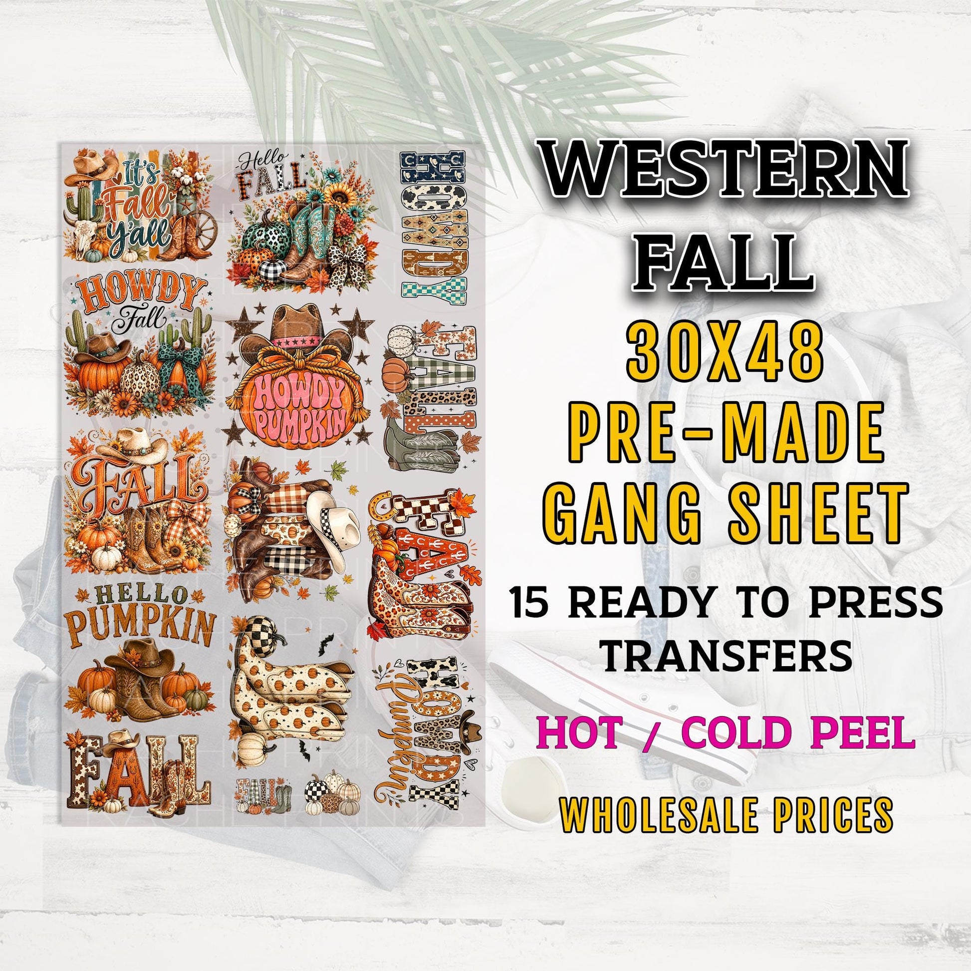 Western Fall DTF Gang Sheet, Ready to Press DTF Transfers, Cowboy Boots Pumpkin Howdy Designs, Cowgirl Transfer