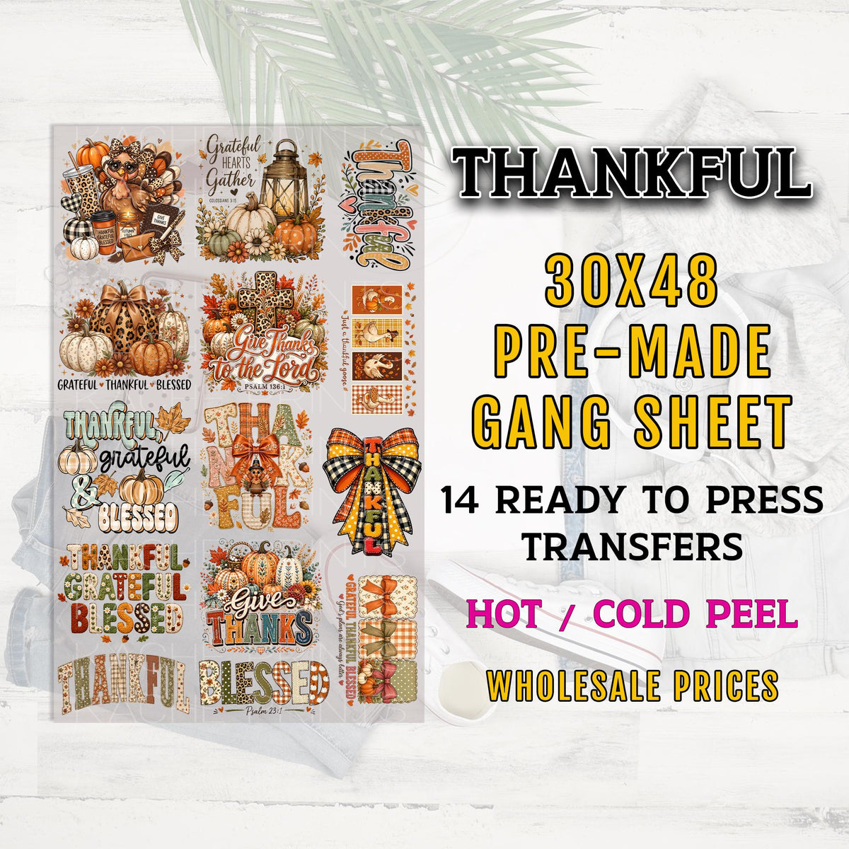 Thankful DTF Transfer, Thanksgiving Ready to Press DTF Transfers, Fall Turkey Pumpkin Blessed, Premade Gang Sheet