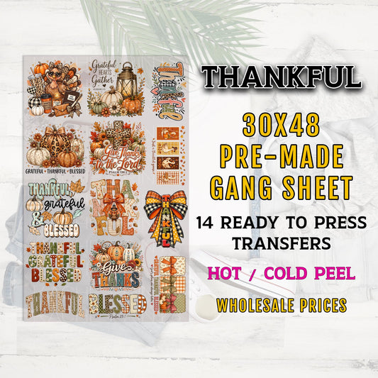 Thankful DTF Transfer, Thanksgiving Ready to Press DTF Transfers, Fall Turkey Pumpkin Blessed, Premade Gang Sheet