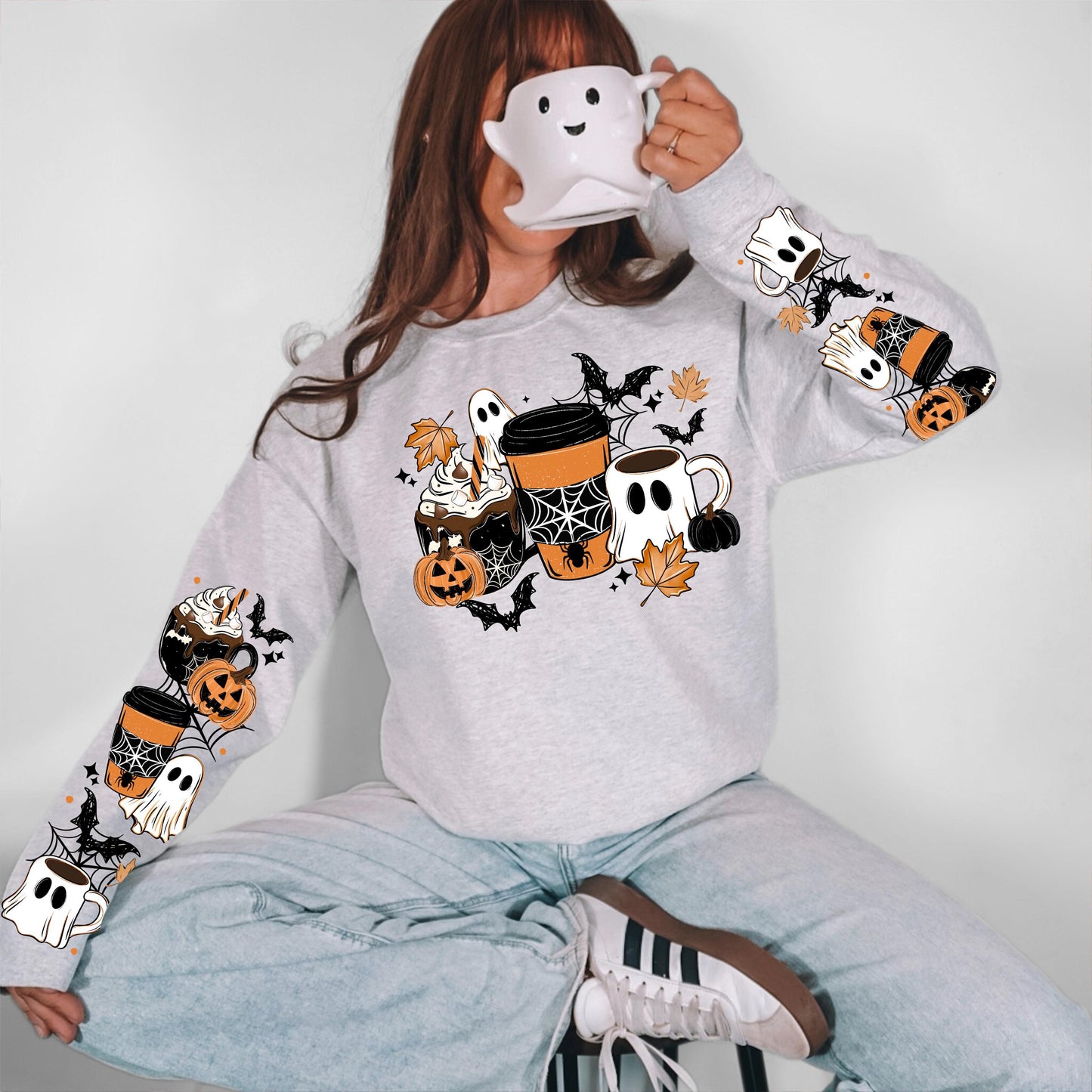 Halloween Ghost DTF Transfer, Ready To Press, Coffee Bow Sweatshirt Design, DTF Print
