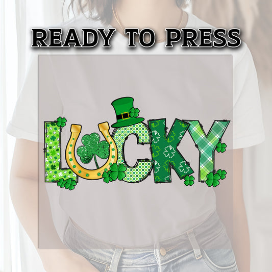 Lucky Transfer, DTF Transfer, Shamrock, Ready For Press, St Patrick Day DTF Transfer, Custom Transfers, Heat Transfer, T-shirt Transfers