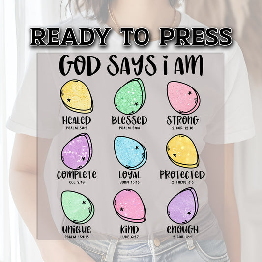 Easter DTF Transfer, DTF Transfer Ready For Press, God Says I am, Heat Press Transfer, Ready For Press Heat Transfers, Custom Transfers, DTF